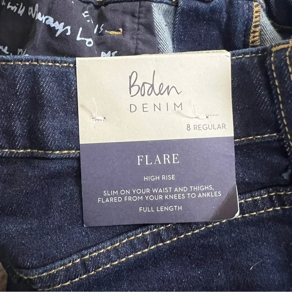 Boden High Rise Flare Jeans Dark Indigo Stretch Denim NWT 8